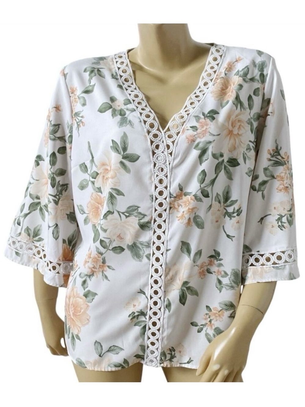 Escalier Womens Large Boho Floral Blouse V Neck Crochet Trim Bell Sleeve Top
